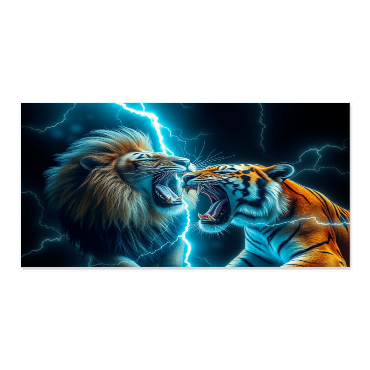Large 60″X30″ Growling Lion/Tiger With Lightning, Canvas Fabric Wall Art – (USA)