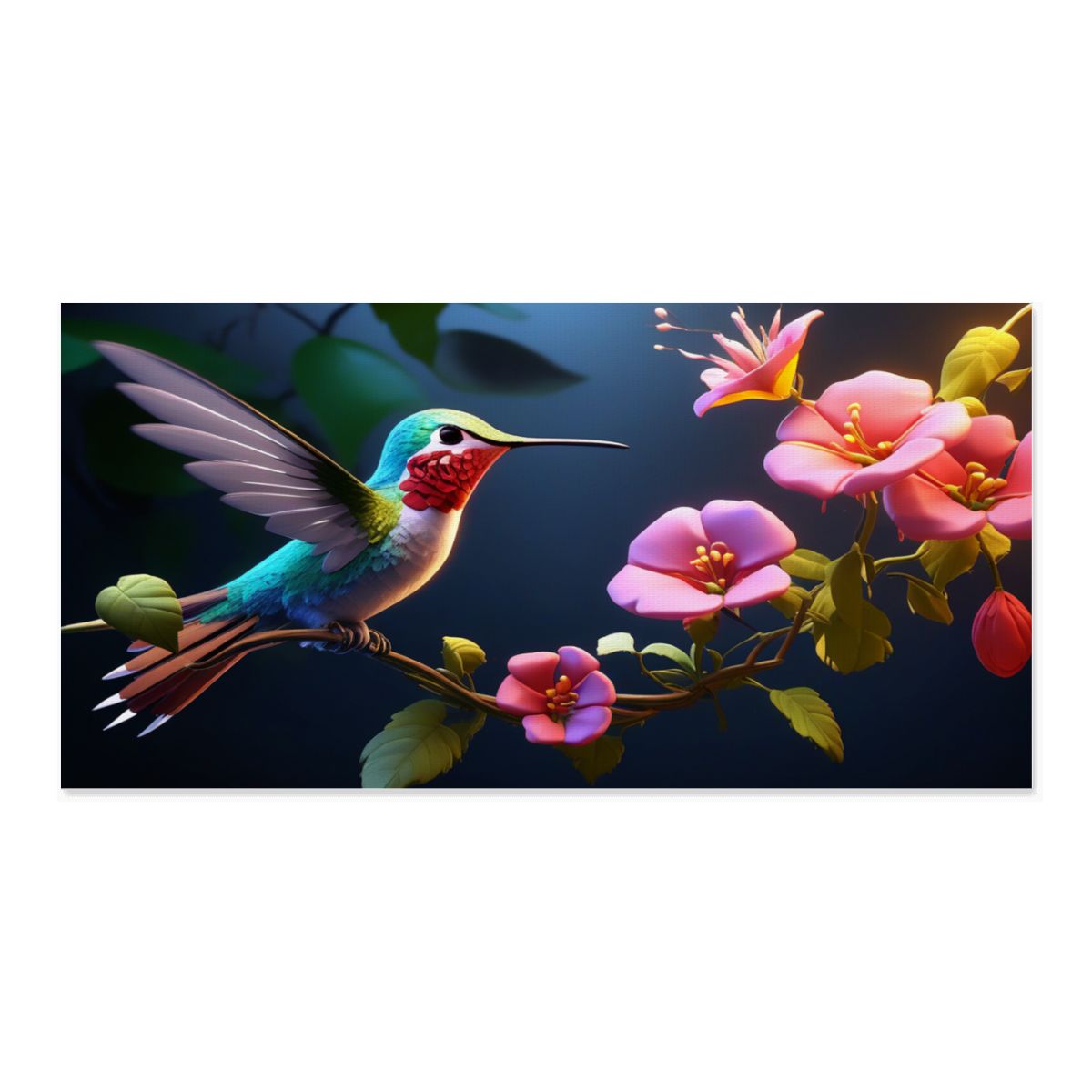 Large 60″X30″, Hummingbird with Flowers, New Canvas Fabric Wall Art Print, (USA)
