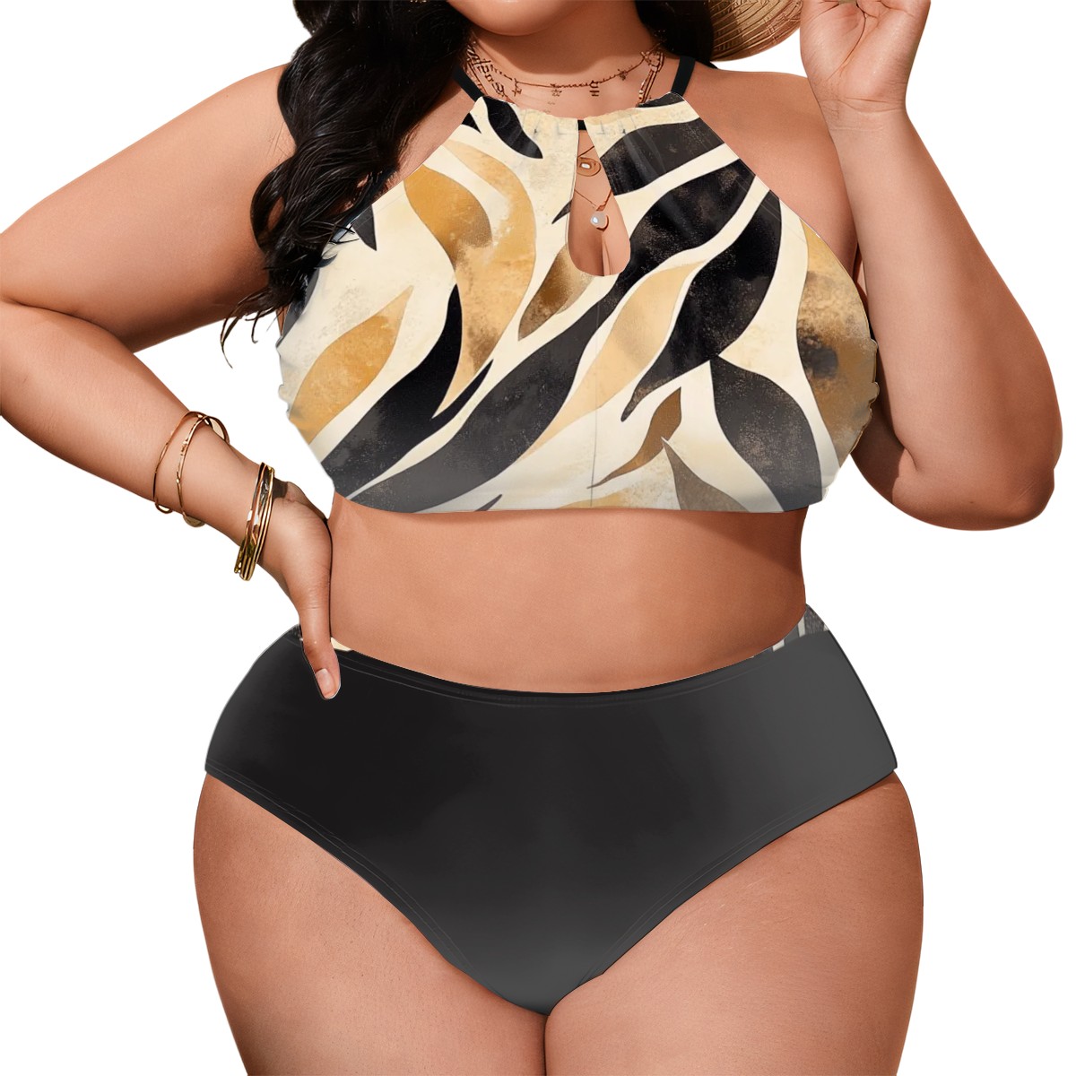 Elegant Plus Size Black & Gold Abstract Bikini | Stylish Swimwear - Picture 6 of 9