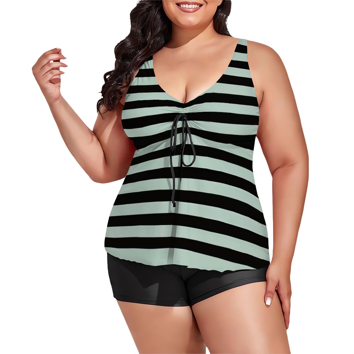 Gestreiftes Tankini-Set in Übergröße: Badeoberteil mit Schnürung & Shorts XL-6XL - Bild 6 von 11